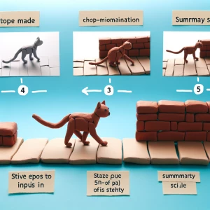 A crudely sculpted clay cat walking down a basic brick-paved pat...