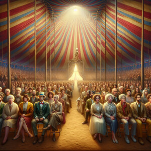 People are sitting in the circus tent waiting for the performanc...