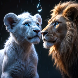 A young white lion cub with striking blue eyes gazes upwards at...