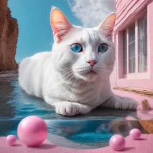 Illustrate a scene of a white female cat with striking blue eyes...