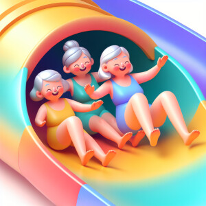 Three joyful elderly women with grey hair in swimsuits are gleef...