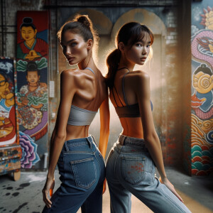 Athletic Thin skinny Attractive, Asian teenage girl, long brown hair and bangs, wearing tight skinny jeans and a halter top paint marks on her clothing, heroic pose Asian graffiti background, backside view