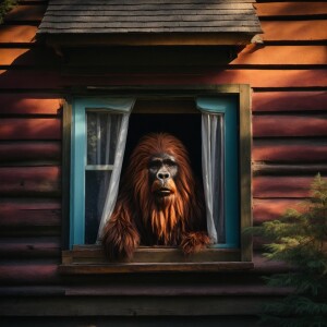 A huminoid looking hair covered sasquatch peeking into a cabin w...