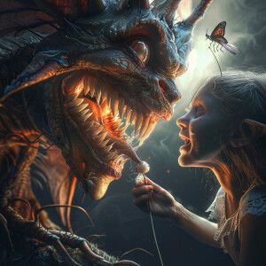 Tooth fairy pulling teeth from an evil menacing looking creepy c...