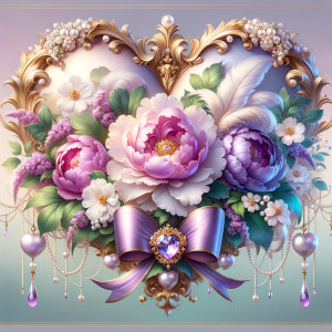 Picture an opulent heart-shaped frame adorned with pearls and go...