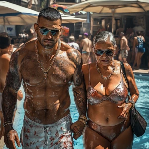 Photorealism,a muscular beefy criminal man walking with his swea...