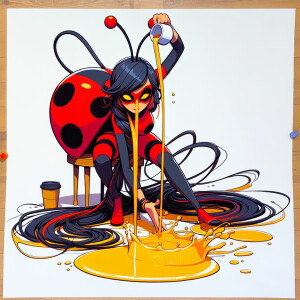 flickering ink splash art of a mischievous face ladybug charact...