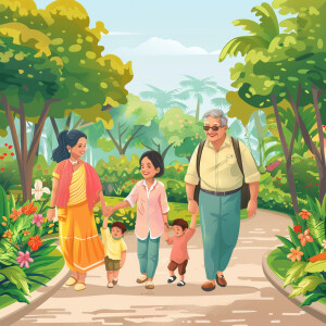 grandparents and kids going for walk in beautiful park in modern...