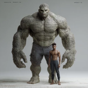Create an image featuring a large, muscled figure with exaggerat...