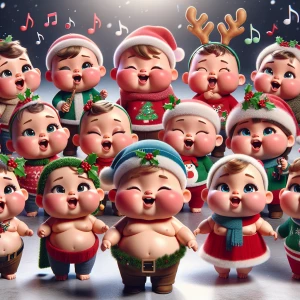 A chorus of animated fat babies singing Christmas carols , each...