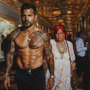Hyperrealistic painting, a muscular, tattooed man visibly perspi...