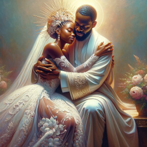 Imagine a hyper-realistic oil painting that captures a tender moment between theAfrican American bride and her God. The setting is intimate and filled with soft, warm lighting that enhances the emotional depth of the scene. The bride, in herexquisite wedding gown, shares a heartfelt embrace with her african-American Lord Jesus , who is dressedin an elegant outfit that complements the wedding's color scheme. Their expressions are full of love, pride, and joy, reflecting the special bond between them. Theattention to detail is paramount, from the intricate designs of their dresses to the subtle emotions conveyed in their facial expressions. The background is a blur ofgentle pastel hues, ensuring that the focus remains on this touching moment. Thispainting should convey the warmth, love, and depth of the relationship, with the rich textures and vibrant strokes characteristic of oil paintings, capturing the essence of this significant pre-wedding moment.