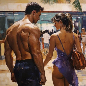 Sharp painting, HD.A man  muscular beefy sweat walking with his...