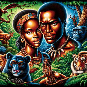 Airbrush style: jungle landscape with trees and animals, Jane an...