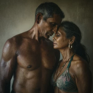 hyperRealism photo painting.a muscular sweaty indian employer ma...