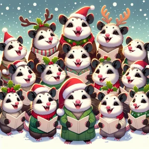 A chorus of animated opossum singing Christmas carols, each deco...