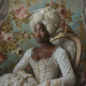 A 30 year old black woman in an 18th-century gown, complete with...