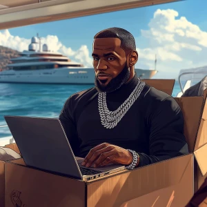 Create an image of a young, stylish man resembling LeBron James,...