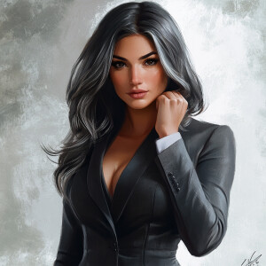 Craft an image of a sophisticated, curvy woman with sculpted, to...