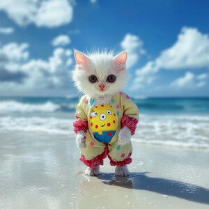 white kitten wearing a spongebob clown suit standing like a huma...