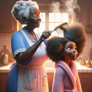 Create a realistic 3-D image of an african-American grandmother wearing a blue house dress and a white apron . She is in the kitchen with her african-American granddaughter. Her granddaughter is wearing a pink bath robe. The grandmother has a hot comb in her hand and she is straightening her granddaughters hair. One side of her granddaughters hair is in  a Afro the other straight 
There is smoke coming from the hot comb
The granddaughter is making a face