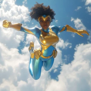 Soaring through the air, the superheroine commands the sky with...