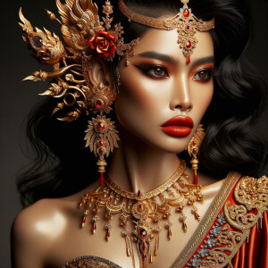 Portrait of gorgeous and angry goddess durga slaying mahishasur. intricately detailed depiction of a goddess. gold jewelry all over body. sharp nose, light skin, beautiful brown eyes, wavy black hair, red lips, slim body, red clothing, muscled limbs, ultra detailed body. uhd, hdr, 64k, epic scene. Photography