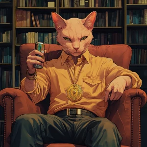 A humanoid cat character sitting in an armchair, with a bookshel...