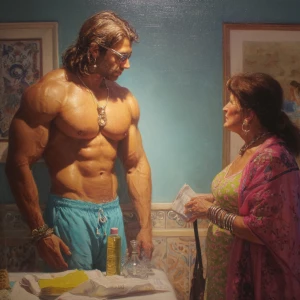 Hyperrealism photo painting, a muscular Russian man in his beach...