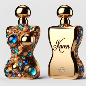 Create a 3-D realistic gold and blue, colorful jewels perfume b...
