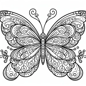 Create a coloring page design featuring a butterfly with large w...