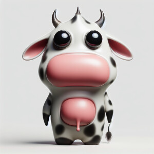 Visualize a unique cow with a big head, thick horns, and small l...
