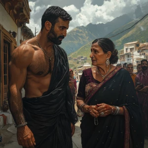 Hyperrealism fantasy photo , a muscular, sweaty criminal man wal...