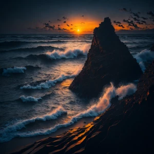 Depict a sunset coastal landscape where strong waves are meeting...