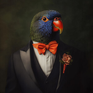 Photorealistic image. Lorikeet bird in a tuxedo