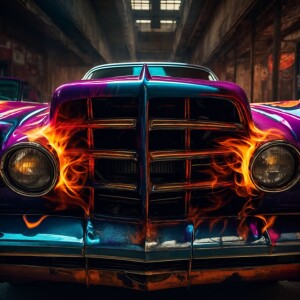 A classic muscle car with a vibrant, multicolored paint job feat...
