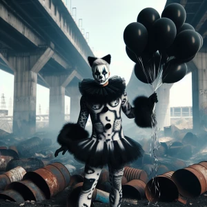 Clown dressed in a black and white cat suit with matching face p...