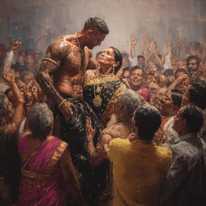 Realism,photo painting.a muscular beefy sweaty tattoed indian ma...