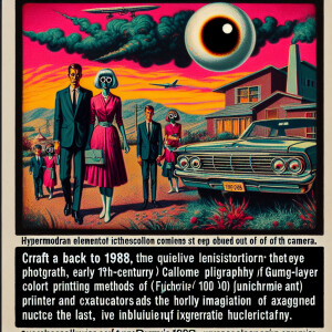 Describe a surreal scene captured on a VHS tape in 1988, featuri...