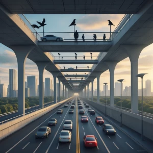"Envision a surreal cityscape where cars drive along the sky, bi...