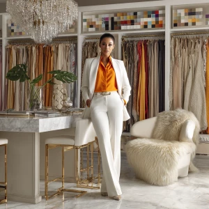 A confident female stylist, radiating power, poses in her luxuri...
