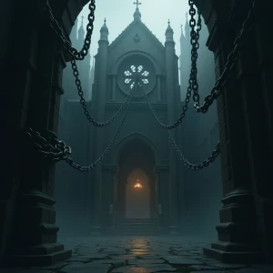 Create an image of an ancient cathedral shrouded in darkness, wi...