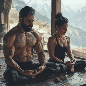 Photorealism,realism,A man muscular beefy sweaty doinga yoga sit...