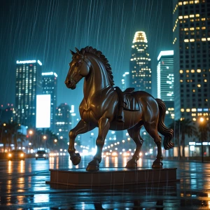 Create an image of a lifelike, colossal Trojan horse statue on a...