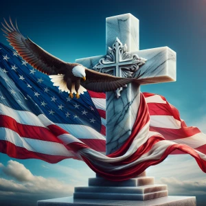 Marble cross with an American flag draped over it. A eagle flys...