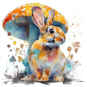 A vibrant illustration of a Rabbit under mushroom, watercolor on...