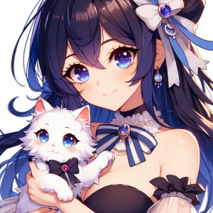 Hot anime woman with dark blue hair and dark brown eyes. She wea...