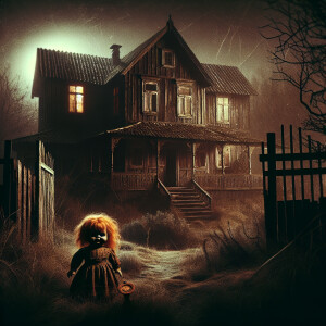 Haunted old farmhouse at night.. creepy ginger hair doll