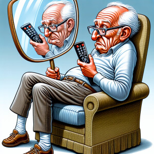 Comical caricature of an old man sitting in a recliner looking i...