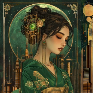 portrait of a celestial Art Deco heroine, emerald green and gold...